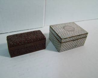 Lot 63:   2 Antique Asian boxes includes a Cinnabar Stamp box and a Cloisonné box.  Stamp box measures 3 1/2" x 1 1/2" x 1 1/2" h., Cloisonné measures 3 1/4" x 2 1/2" x 1 1/2".  Cond: Minor wear on both. Est. $40-60.