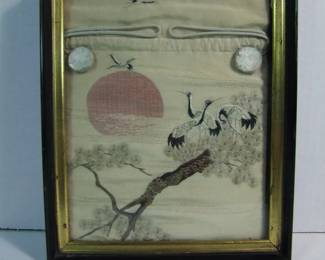 Lot 65:  C/1900 Japanese Embroidered Silk Purse, framed (2 sided glass), 9" x 11".  Cond: Frame has minor wear, Purse shows no damage (not removed from frame).    Est. $50 - 75.
