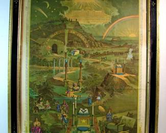 Lot 21: Dated 1887 Lg. Masonic Chromolitho print by the Pettibone Mf. Co., Cincinnati, with fantastical imagery of the Masonic steps titled "From Darkness to Light", 22" x 27" in it's original Victorian frame 26" x 31".  Cond: 3 light horizontal creases on right side, frame has various chips and wear.  Est. $100-150.