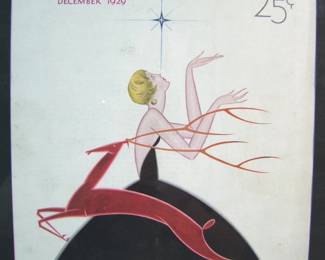 Lot 101:   Dated 1929 Art Deco Magazine cover "The Mentor" by Georges Barbier (1882-1932), 10 1/4" x 13 1/4" in a metal frame.   Cond: No damage found.  Est. $30-40.