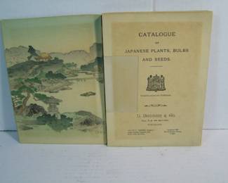 Lot 66:  C/1908 Rare L. Boechmer & Co. Plant & Seed Catalog, printed in Tokyo, Illustrated by Takejiro Hasegaws (1853-1938) measures 7" x 9" h. printed by hand, accordion style binding.  Cond: Small flower illustration was cut out on title page and replaced w/similar color paper.  Exterior boards show moderate wear.   Est. $75 - 150.