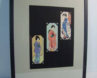 Lot 69: C/1930 Framed group of 3 Japanese Woodblock pictorial envelopes by Hakuho Hirano of Kyoto, Japan.  Back has detailed description of each envelope and its meaning.   Cond: No damage found. Est. $40-80.