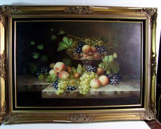 Lot 50A  C/1970's Lg. European Oil on canvas of a still life with fruit, signed in-discernibly in lower right, 24" x 26" in a Louis 15th style gilt frame 44" x 32".  Cond: Minor craquelure along lower edge of painting.  Frame has small edge losses.  Gallery label on back.    Est. $ 200 - 300.