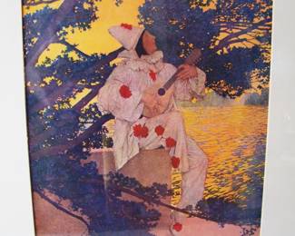 Lot 105:  1908 Color Litho by Maxfield Parrish "Pierrot Serenade" from a folio of 30 famous paintings published by P. F. Collier & Sons in 1908, 9 1/4" x 11" h. (sight) in a silver gilt frame, 23 1/2" sq.  Published as a print, not from a magazine.   Cond:  No damage found.   Est. $100-1