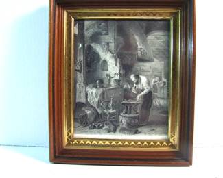 Lot 25: C/1865 Engraving "The Armourer" by J.A.H. Leys (Belgium, 1815-1869) signed John Godfrey (UK, 1817-1889), 8" x 10" in a walnut Victorian frame w/wood back.  Cond:  No damage found, minor frame wear, print probably trimmed.  Est. $50-70.