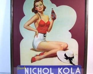 Lot 3:   1940 "Drink Nickol Kola" die-cut counter Standee.  Rare pin-up posing w/bottle, signed "Albert Fisher" (American Illustrator, early 20th C.) lower right, framed in Oak, 21" x 25".   Cond:  Minor rubs around lower text area.   Est. $150-200.