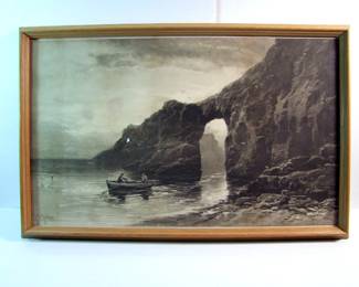 Lot 97:  C/1910 Photogravure of a Rocky Coastline w/rowboat and figures, signed lower left, in an oak frame 28" x 18".   Cond: No damage found.  Est. $20-40.