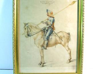Lot 23: Late 19th C. Color engraving of a knight on horseback, after Albrecht Durer (German 1471 - 1528) on laid paper w/crown and 3 feather watermark in a gilt frame 16 1/2" x 20 1/2" (dated 1498 in the plate).  Cond: No Damage found.   Est. $100-200.