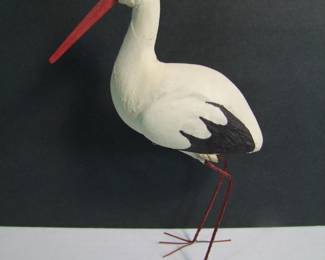 Lot 64:  C/1930's Spun Cotton Stork figure w/wire legs, signed Germany, wood beak and glass eyes, 10" h.  Cond: Minor wear.   Est. $40 - 60.