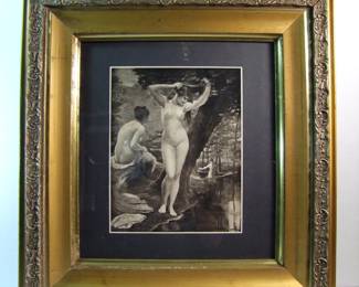 Lot 12: C/1890's Photogravure of female Nude at a River, signed Stephen Jacob (French b. 1846) 11" x 14" in a Victorian gilt frame 26 1/2" x 28".   Cond:  Frame has small corner loses and wear.  Print has no damage.  Est.  $50 - $75.