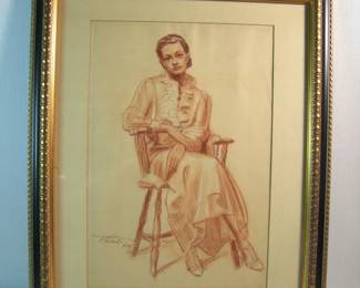 Lot 92:  Dated 1955 Conte Crayon portrait of a seated young woman, signed lower left by Russell Auwerter III (U of M grad, lived in Huntington Woods), 11 1/2" x 17" h. (sight), in a gold gilt frame 19" x 23".  Cond: No damage found.  Est. $ 75-100.