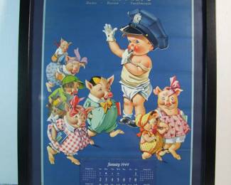 Lot 19: Dated 1949  "Farmer Peet's" advertising calendar with a cop toddler directing child pigs to cross the street by Charles H. Twelvetrees (NY, 1872-1948) in a black frame 17 1/2" x 21 1/2".  Cond: 2 Horizontal light creases.  Est. $60-80   Note:  Farmer Peet's Meats was a Michigan Company.
