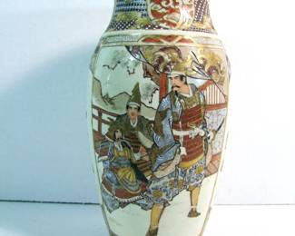 Lot 58: C/1910 Japanese Soft Paste Satsuma Vase with Samurai Warriors depicted, detailed.  12" h. x 6" dia., unsigned.  Cond:  Small chip on lip.   Est. $75 - 150.