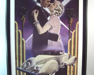 Lot 13: 1990's Lg. Color Litho of  a 1934 Packard Twelve Speedster by Charles F. Vlasics (Automotive Artist, 1941 - 2018) in a lacquered frame, 27" x 38".  Cond:  Minor frame scuffs.  Est. $50-70.