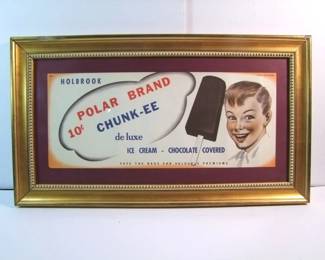 Lot 14: 1950 Advertising Print for Polar Brand Chunk-ee Ice Cream by Holbrook, 21" x 9", in a gilt wood frame 27 1/2" x 15 1/2".  Cond:  2 touched up chips on the frame.  Est. $50-70.