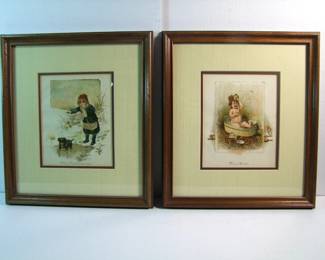 Lot 106:   Pair of 1890 Framed Victorian Chromolithos includes "The Bath" and "Very Venturesome", both 7" x 9" in wood frames 14 1/2" x 16 1/2"   Cond: No damage found.  Est. $40-60.