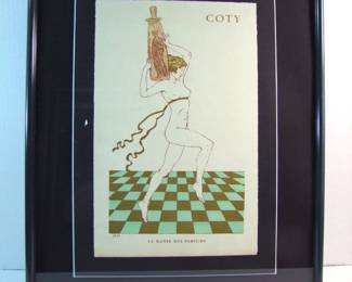 Lot 2:  C/1920 Hand tinted "Coty" Perfume ad on fine paper signed "SEM" (George Goursat, AKA SEM, French, 1863-1934) in lower left, 10 1/2" x 16 1/2" in a lacquered metal frame 19 1/2" x 23".   Cond:  No damage found.  Est. $50-100.