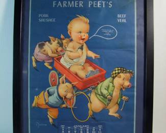 Lot 18: Dated 1947 "Farmer Peet's" advertising calendar with a group of pigs pulling a toddler in a wagon by Charles H. Twelvetrees (NY, 1872-1948) in a black frame 17 1/2" x 21 1/2".  Cond:  3 Horizontal creases and 1 touched up tear in upper right.  Est. $60-80   Note:  Farmer Peet's Meats was a Michigan Company.