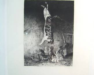 Lot 98:  1874 Engraving "The Cat Feigning Death" after Bernard "Te" Gempy (Dutch 1826-1879) this etching was made from the painting by Peter Moran (1841-1914) engraved by George Barrie in a silver gilt frame 18" x 22".   Cond: No damage found.  Est. $75-100.