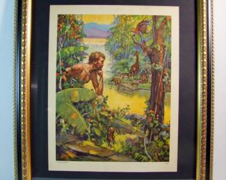 Lot 96:  C/1920 Color litho of Adam in the Garden of Eden signed Ralph P. Coleman (American Illustrator, 1896 - 1968) 12" x 16", printed by Providence Litho Co., in a gold gilt frame 19" x 23" h.  Cond:  No damage found.  Est. $ 60-80.