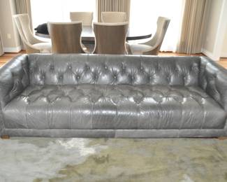 Gorgeous West Elm Charcoal Grey Distressed Tufted Leather 8’ Sofa with Nail Head Design Detail, 8’ H x 27”W x 36”D ($795)