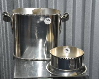 Vintage Silver Plate Pottery Barn Hotel Collection Dual Wine Holder with Removable Divider and Adorned With Decorative Beading on the Top and Base Along with Flaring Handles, 7.25" H x 9.25" W, ($26). Coupled with Complimentary Silver Plate Wine Coaster With Twisted Rope Top Embellishment. ($15)