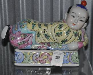 This Playful Chinese Porcelain Pillow Box is Whimsical and Bright and Sold in "As Is" Condition, 8"W x 8" H x 4.5"D, ($55).