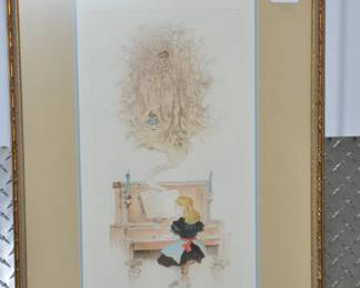 Signed and Numbered (59 of 250) By Allan Reid, Ann Arbor Based Artist, This Heart Warming Hand Colored Lithograph Titled, "Alice in Wonderland For Piano" iS Framed & Matted Measuring 17" x 25" Overall, ($120).