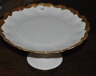 Lovely Vintage Footed Cake Plate, Signed. White with Gold Fluted Border, H6” x D12” ($48)