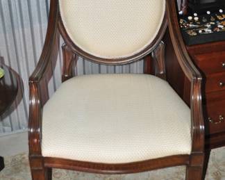 This Picture Doesn't do Justice to the Stunning Baker Furniture Co. Ivory Braided Leather Upholstery on this Shield Back Mahogany Chair. 24” w x 21”d x 41”h. Two Available. One is $425 and the Other is As Is $365
