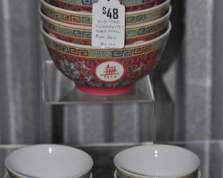 A Perfect Addition to Your Weekly Chinese Food Meal is This 8 Piece Vintage Longevity Mun Shou Porcelain Tea Cups & Rice Bowl Set. ($48).