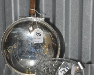 This Petite Vintage 3-Footed Cut Crystal Bowl (4"w, $28) is Shown with a Really Neat Vintage Sheffield Silver Co. Silent Butler Crumb Catcher Dust Pan With Lid, EPC 300 ($25).