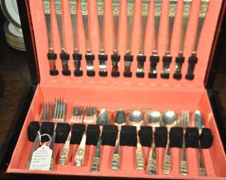 Vintage Community “Coronation” Flatware Shown in a Wooden Storage Chest. 5-Piece Place Setting, Service for 8, Plus Extra Pieces ($125).