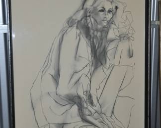 Elegant and Lovely! Artist Signed Charcoal Sketch (1883) Titled, "Pensive Thought" is Framed in a Solid Black Frame with Glass Cover Done by Turner Wall Art 25" W x 36.5"H, ($250).