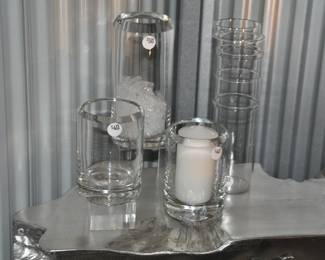 Heavy Clear Glass Vases/ Pillars, 10” ($50) and 7” ($40).  Shown with a Mid-Century 14” Ribbed Glass Cylinder Vase ($32)