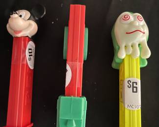 Vintage Pez Dispensers Mickey ($10) Beside Vintage Red & Green Car ($20) & Halloween Slimy Sid Face in Yellow ($6)