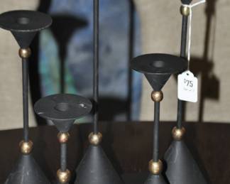 Great Set of 5 Post-Modern Black Metal with Brass Detail Candlesticks, 7”-13”H ($75)