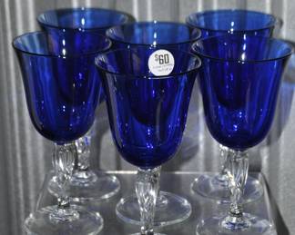 Set of 6 Luminarc Crystal Goblets, Cobalt with Clear Twisted Stems, $60