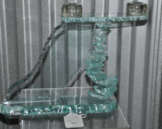 Amazing Piece by Israeli Glass Artist, Yehuda Parmat Stacked Art Glass Slab Candleholder 15" W x 10"H x 3.5" D, ($225).