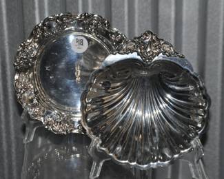 Vintage Towle Ornate Rim 7" Silver Plate Dish ($18) is Shown Beside A Wallace Lovely Silver Plate Scalloped Footed Dish with Ornate Handle, 7"D. ($20).