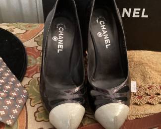Authentic Chanel Black with Silver/White Toe, Patent Leather Glitter Heels with Original Box, $200