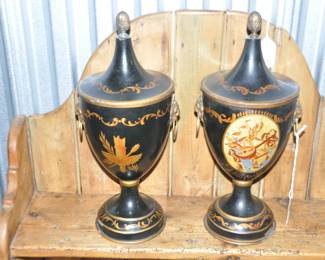 This is an Amazing Pair of Vintage, Hand-Painted Metal Urns with Lion Head Handles; Absolutely Stunning in As Is Condition! ($125 for The Pair)