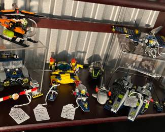 Lego Agents 8969 4 Wheeling Pursuit Includes Truck, Slime Chopper & Baracade ($35), Lego 1728 Aquazone Aquanauts Crystal Crawler ($24), Lego Agents Jet Ski with Mini Only ($6), Lego Agents 8968 Mountain River Heist Boat and Mini Only ($10), Lego Agents 8630 GoldHunt Mission & Supersonic Jet Only, Incomplete Set ($20), Lego Agents 8633 Speedboat Rescue Includes Speedboat, 2 Sharks, & 3 Missile Minis, Incomplete Set ($95)