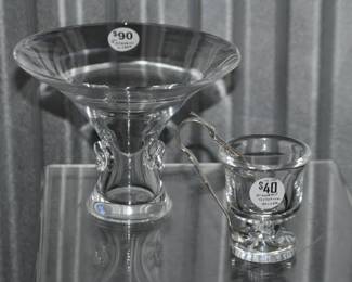 Love Steuben? If So Please Be Sure to Look at These Steuben Pieces! In the Back we Feature a Vintage Georg Thompson For Steuben Signed Vase or Compote Dish (5.25" H, c. 1959) and In Front The Precious Steuben Toothpick Holder or Cigarette Urn by Don Pollard at a Petite 3.25"h With Silver Plate Tongs. Vase is $90 & Toothpick Holder is $40.