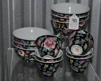 Stunning 12 Piece Set of Vintage Jingdezhen Zhongguo Famille Rose Noire Black Tea Cups & Rice Bowls ($85).
