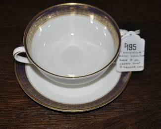 Close-up of the Vintage Royal Doulton “Rochelle” Pattern. Cream Soup with Saucer, Service for 8 ($195)