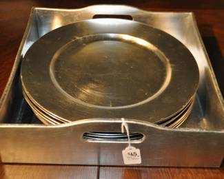 New 14” Silver Charger Plates, Hand-Applied Silver Leaf Lacquer with a Handled Serving/Storage Tray (9-Piece Set $45)