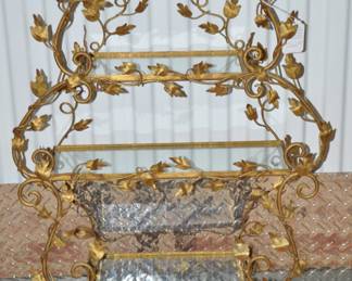 So Pretty & Elegant! Vintage Gilt Bronze 3-Tier Display Wall Shelf with Stunning Leaf Embellishments and Glass Shelves 25"W x 39.5"H x 8"D, ($260).