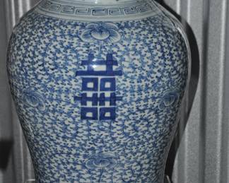 This 19th Century Urn in Blue & White (18"H) with Lid Features the Characters "Double Happiness" Surrounded in Intricate Details and Flowers Blossoms. ($275)
