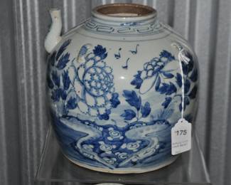 We Adore This Antique Chinese Oversized Blue And White Cooking Oil Pot! The Soft and Elegant Color Palette Combined with The Classic Asian Design Brings Serenity to Any Space, 9.5" Tall ($175)